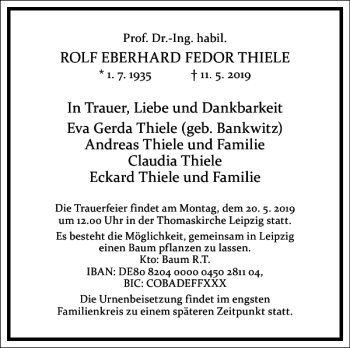 Traueranzeige von Prof. Dr.-Ing. habil. Rolf Eberhard Fedor Thiele  von Frankfurter Allgemeine Zeitung