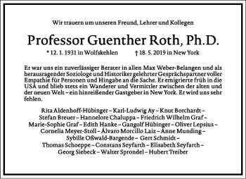 Traueranzeige von Professor Guenther Roth Ph. D von Frankfurter Allgemeine Zeitung