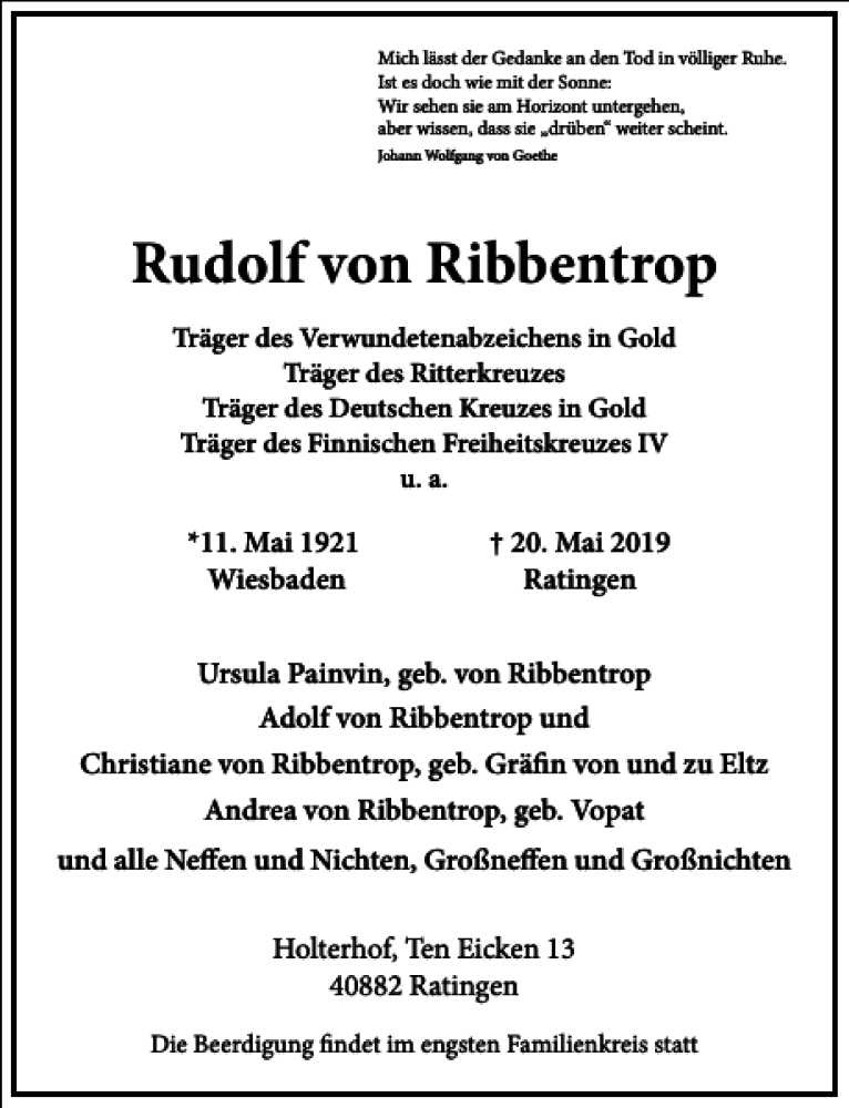  Traueranzeige für Rudolf von Ribbentrop vom 25.05.2019 aus Frankfurter Allgemeine Zeitung