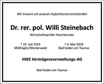 Traueranzeige von Willi Steinebach von Frankfurter Allgemeine Zeitung