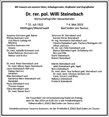 Traueranzeige von Willi Steinebach von Frankfurter Allgemeine Zeitung