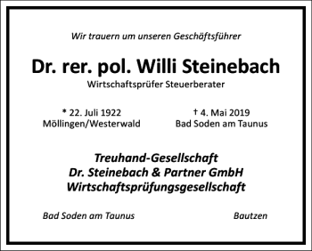 Traueranzeige von Willi Steinebach von Frankfurter Allgemeine Zeitung