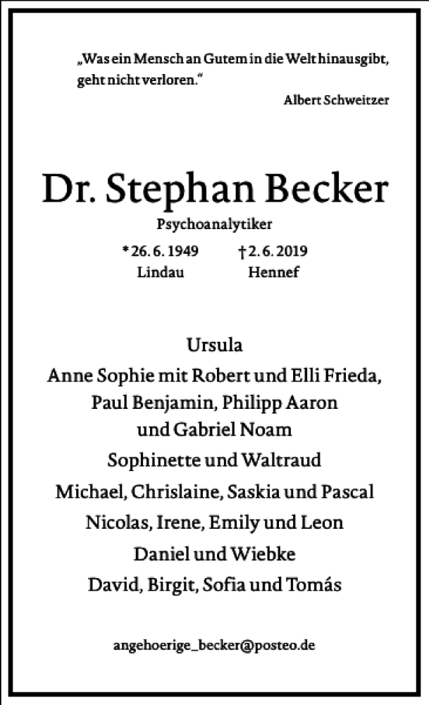  Traueranzeige für Dr. Stephan Becker vom 15.06.2019 aus Frankfurter Allgemeine Zeitung