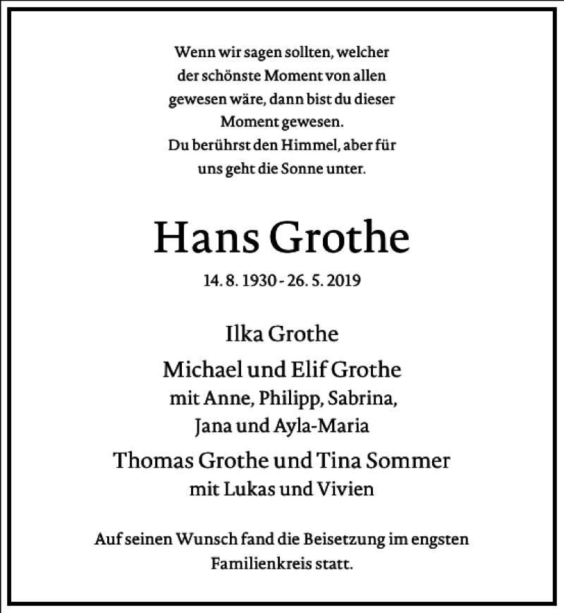  Traueranzeige für Hans Grothe vom 08.06.2019 aus Frankfurter Allgemeine Zeitung