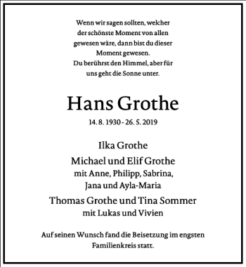 Traueranzeige von Hans Grothe von Frankfurter Allgemeine Zeitung