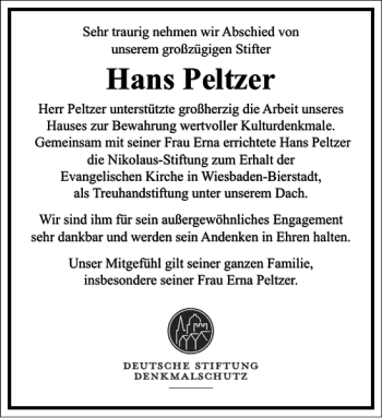 Traueranzeige von Hans Peltzer von Frankfurter Allgemeine Zeitung
