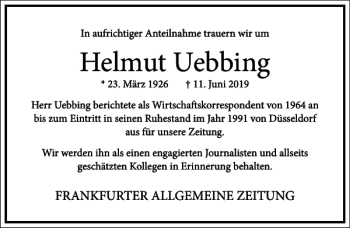 Traueranzeige von Helmut Uebbing von Frankfurter Allgemeine Zeitung