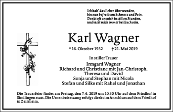 Traueranzeige von Karl Wagner von Frankfurter Allgemeine Zeitung