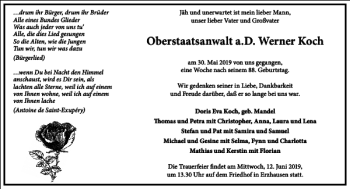 Traueranzeige von Oberstaatsanwalt a. D. Werner Koch von Frankfurter Allgemeine Zeitung