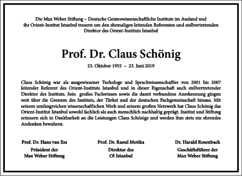  Traueranzeige für Prof. Dr. Claus Schönig vom 27.06.2019 aus Frankfurter Allgemeine Zeitung