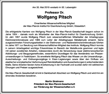 Traueranzeige von Wolfgang Pitsch von Frankfurter Allgemeine Zeitung