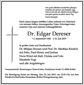 Traueranzeige von Dr. Edgar Dereser von Frankfurter Allgemeine Zeitung