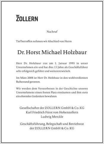 Traueranzeige von Dr. Horst Michael Holzbaur von Frankfurter Allgemeine Zeitung