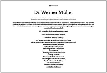 Traueranzeige von Dr. Werner Müller von Frankfurter Allgemeine Zeitung