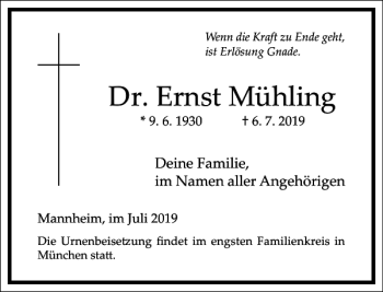 Traueranzeige von Ernst Mühling von Frankfurter Allgemeine Zeitung