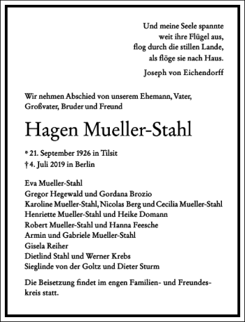 Traueranzeige von Hagen Mueller-Stahl von Frankfurter Allgemeine Zeitung