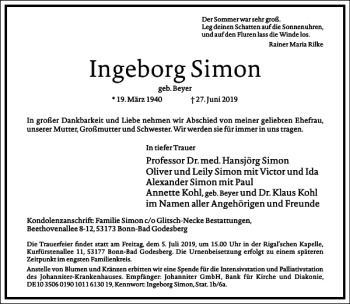 Traueranzeige von Ingeborg Simon von Frankfurter Allgemeine Zeitung