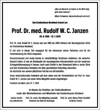 Traueranzeige von Prof. Dr. med. Rudolf W. C. Janzen  von Frankfurter Allgemeine Zeitung