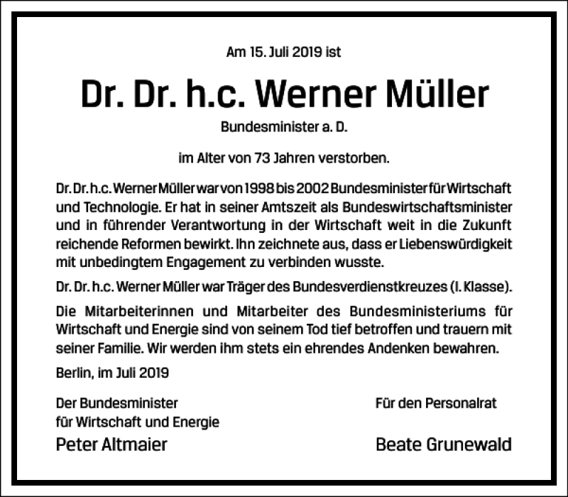  Traueranzeige für Werner Müller vom 20.07.2019 aus Frankfurter Allgemeine Zeitung