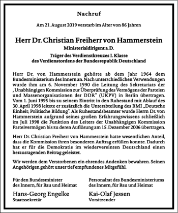 Traueranzeige von Dr. Christian Freiherr von Hammerstein von Frankfurter Allgemeine Zeitung