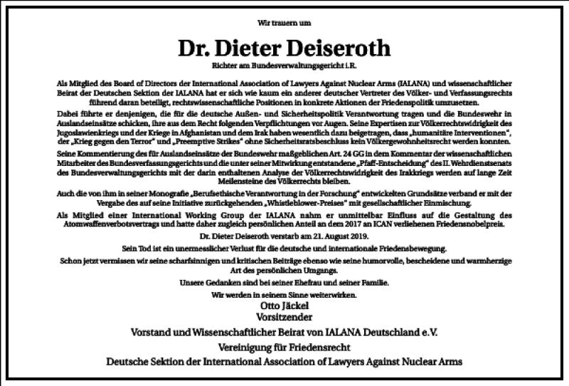  Traueranzeige für Dr. Dieter Deiseroth vom 31.08.2019 aus Frankfurter Allgemeine Zeitung