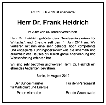 Traueranzeige von Dr. Frank Heidrich von Frankfurter Allgemeine Zeitung