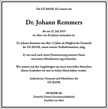 Traueranzeige von Dr. Johann Remmers von Frankfurter Allgemeine Zeitung