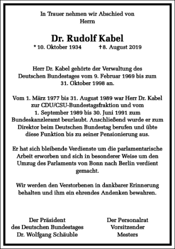Traueranzeige von Dr. Rudolf Kabel von Frankfurter Allgemeine Zeitung