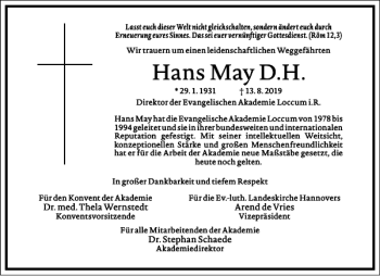Traueranzeige von Hans May D. H von Frankfurter Allgemeine Zeitung