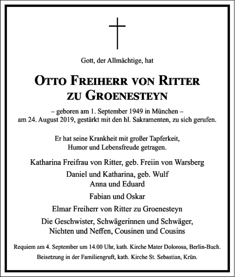  Traueranzeige für Otto Freiherr von Ritter vom 31.08.2019 aus Frankfurter Allgemeine Zeitung