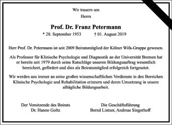Traueranzeige von Prof. Dr. Franz Petermann von Frankfurter Allgemeine Zeitung