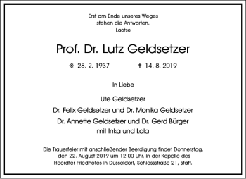 Traueranzeige von Prof. Dr. Lutz Geldsetzer von Frankfurter Allgemeine Zeitung