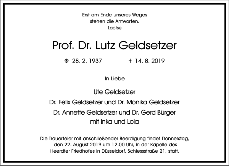  Traueranzeige für Prof. Dr. Lutz Geldsetzer vom 17.08.2019 aus Frankfurter Allgemeine Zeitung