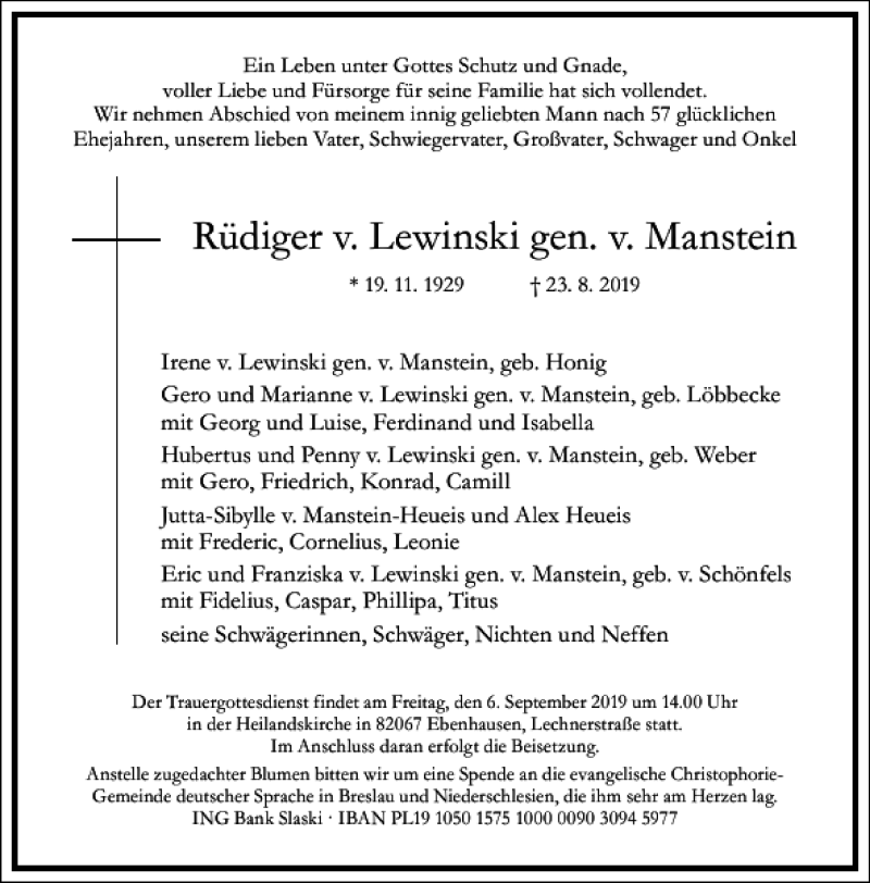  Traueranzeige für Rüdiger v. Lewinski gen. v. Manstein  vom 31.08.2019 aus Frankfurter Allgemeine Zeitung