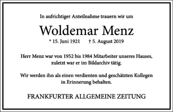 Traueranzeige von Woldemar Menz von Frankfurter Allgemeine Zeitung