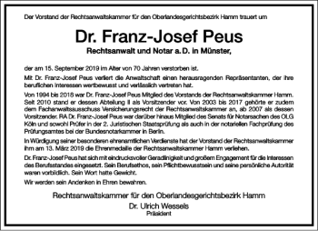 Traueranzeige von Dr. Franz-Josef Peus von Frankfurter Allgemeine Zeitung