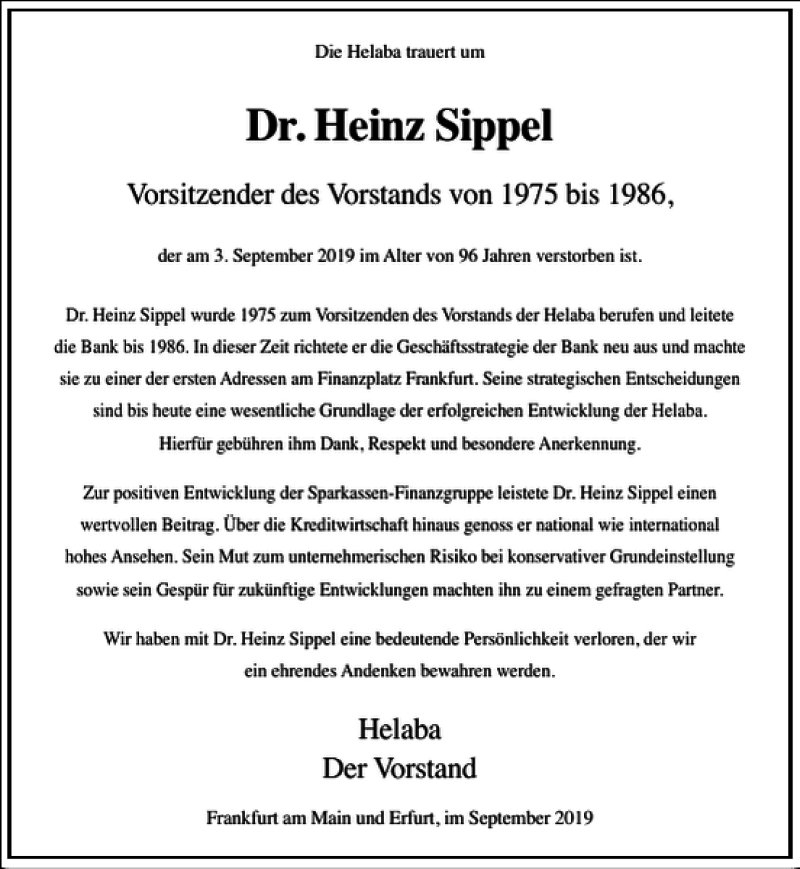  Traueranzeige für Dr. Heinz Sippel vom 14.09.2019 aus Frankfurter Allgemeine Zeitung