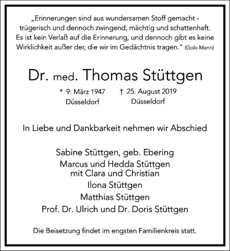  Traueranzeige für Dr. Thomas Stüttgen vom 07.09.2019 aus Frankfurter Allgemeine Zeitung