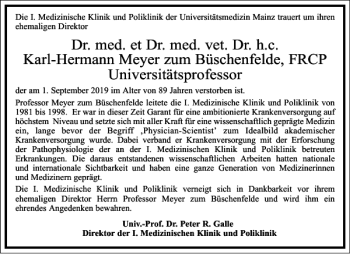 Traueranzeige von Dr. med. et. Dr. med. vet. Dr. h.c. Karl-Hermann Meyer zum Büschenfelde  von Frankfurter Allgemeine Zeitung