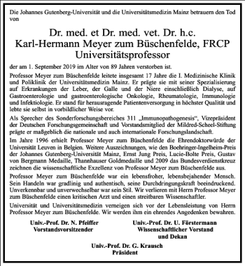 Traueranzeige von Dr. med. et Dr. med. vet. Dr. h.c. Karl-Hermann Meyer zum Büschenfelde  von Frankfurter Allgemeine Zeitung