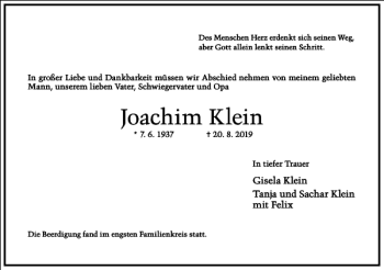 Traueranzeige von Joachim Klein von Frankfurter Allgemeine Zeitung