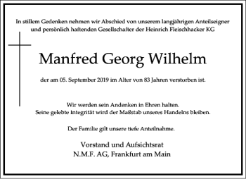 Traueranzeige von Manfred Georg Wilhelm von Frankfurter Allgemeine Zeitung