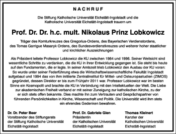 Traueranzeige von Prof. Dr. Dr. h.c. mult. Nikolaus Prinz Lobkowicz  von Frankfurter Allgemeine Zeitung