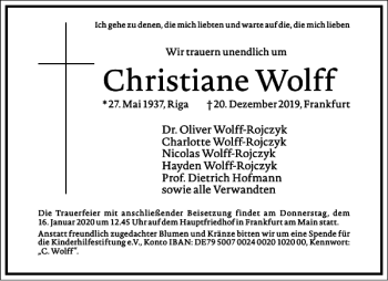 Traueranzeige von Christiane Wolff von Frankfurter Allgemeine Zeitung