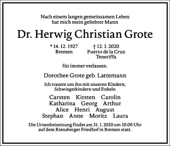 Traueranzeige von Dr. Herwig Christian Grote von Frankfurter Allgemeine Zeitung