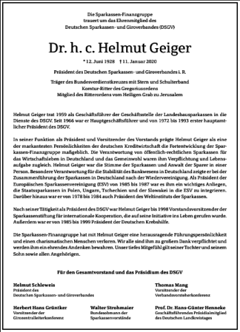 Traueranzeige von Dr. h. c. Helmut Geiger von Frankfurter Allgemeine Zeitung