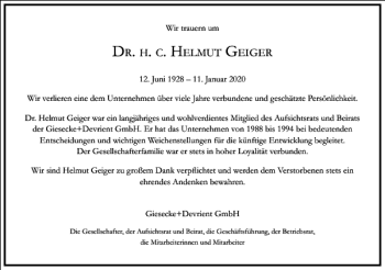 Traueranzeige von Helmut Geiger von Frankfurter Allgemeine Zeitung