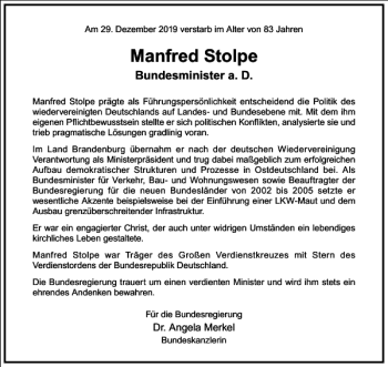 Traueranzeige von Manfred Stolpe von Frankfurter Allgemeine Zeitung