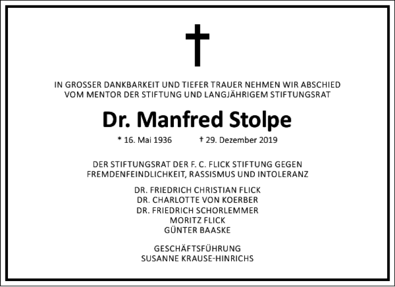  Traueranzeige für Manfred Stolpe vom 04.01.2020 aus Frankfurter Allgemeine Zeitung