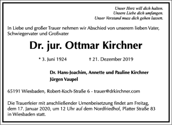 Traueranzeige von Ottmar Kirchner von Frankfurter Allgemeine Zeitung